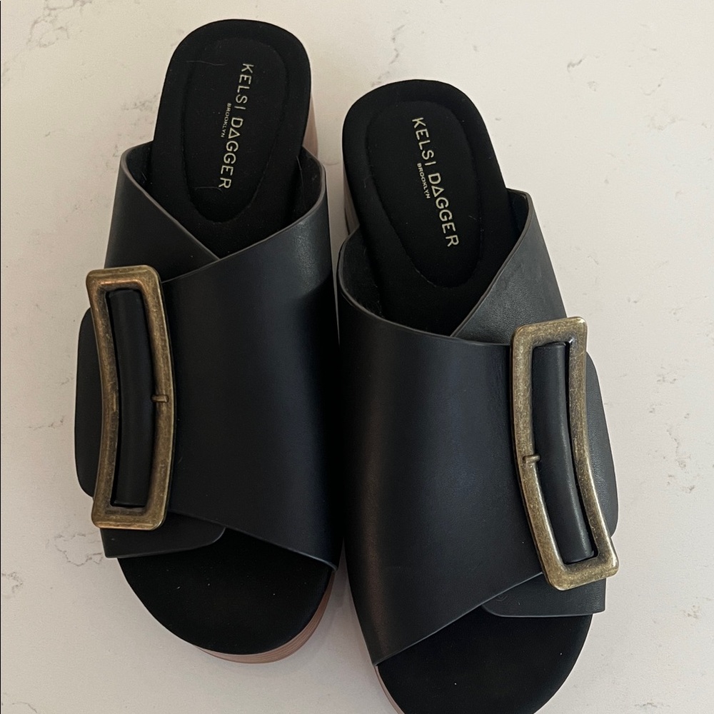 Kelsi Dagger Black Mules with Gold Buckle